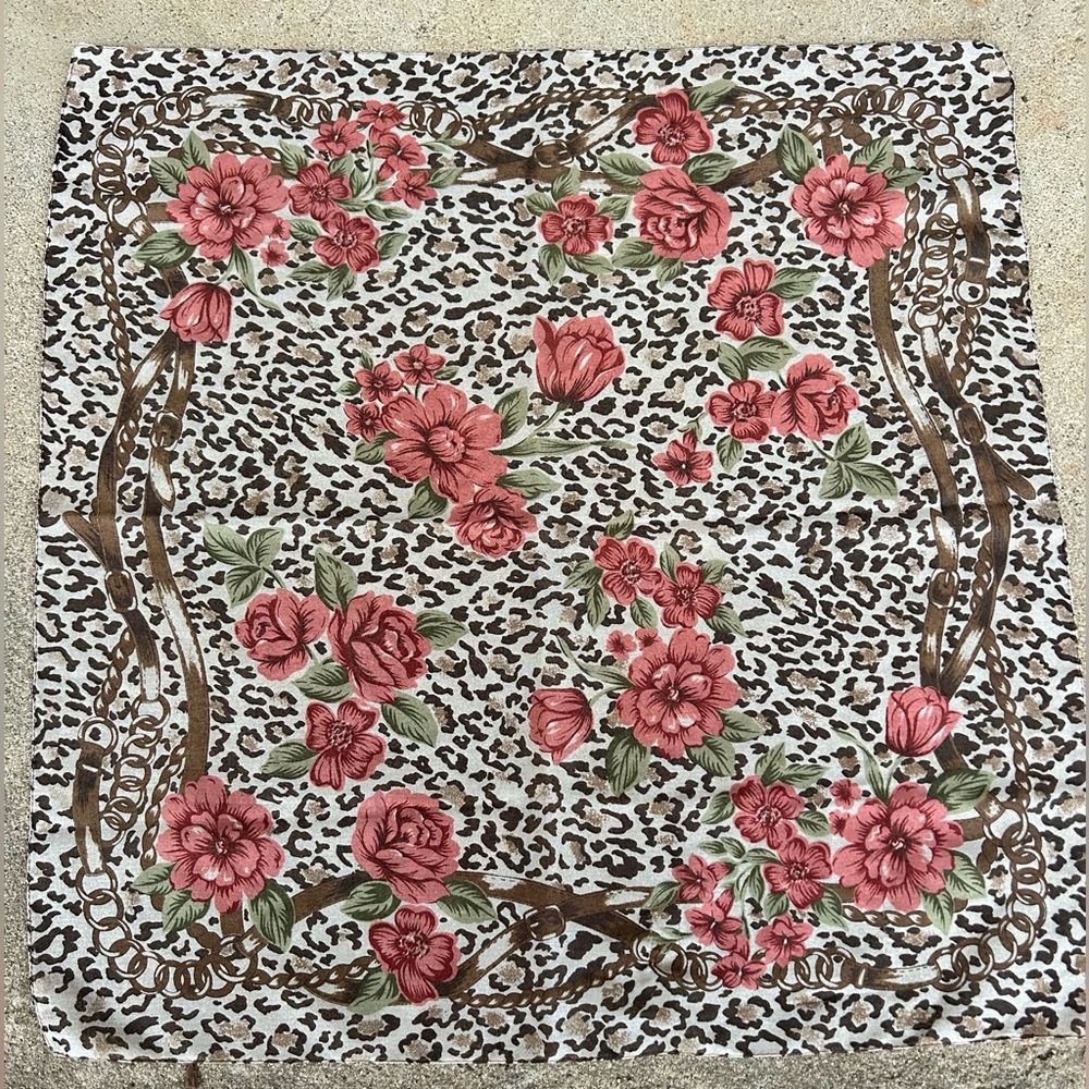 Leopard Floral Square Scarf Pink Brown Chain Print 20” Satin Feel Neck Scarf
